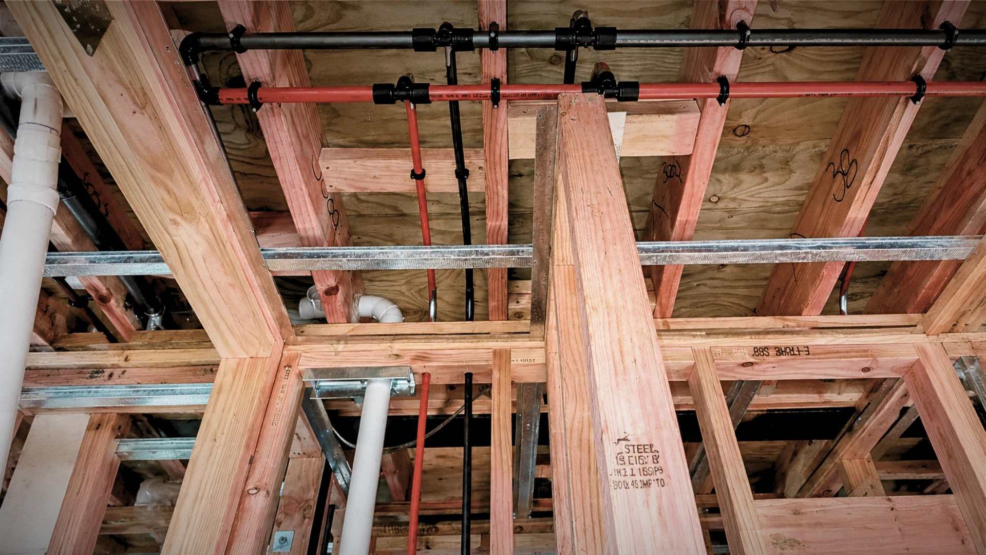 Plumber rough-in pipework framed into a new build house in Hawke's Bay