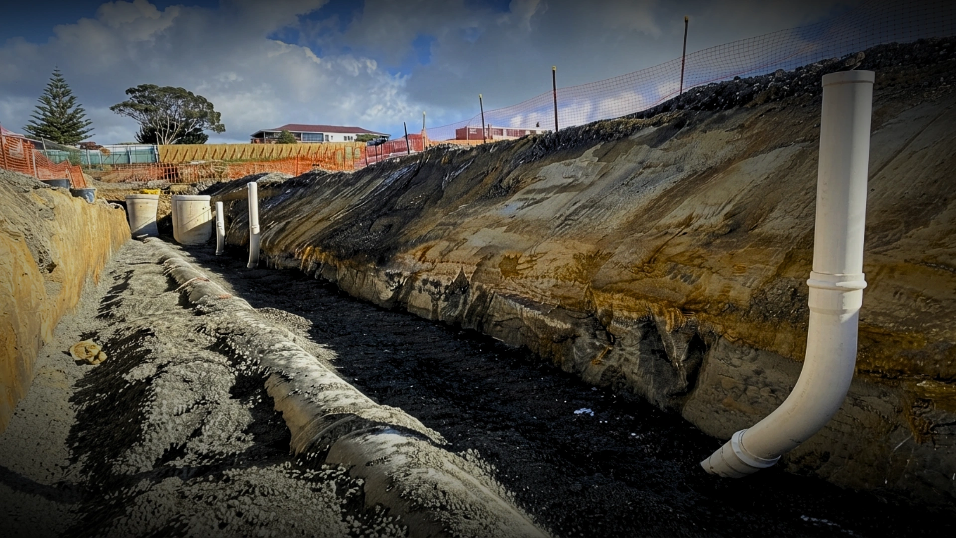 Wastewater drainage pipework being laid and jointed in a Napier trench