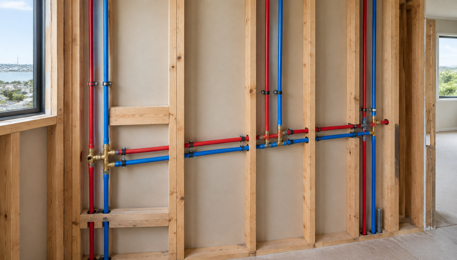 New red and blue water supply pipes fitted between exposed timber wall studs during a Napier house repiping project